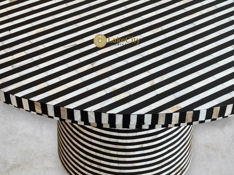 Mother of Pearl Inlay Full Layered Stripe Round Dining Table Black