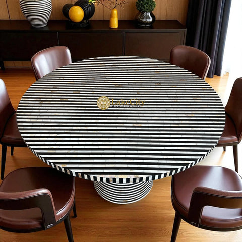 Mother of Pearl Inlay Full Layered Stripe Round Dining Table Black