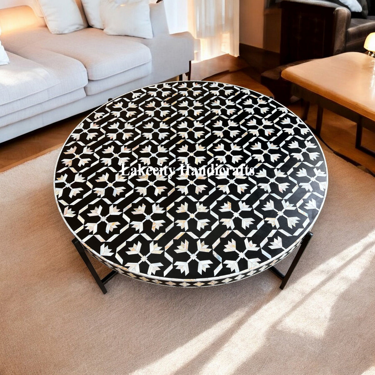 Gabi Mother Of Pearl Inlay Lotus Design Coffee Table Black | Gabi Mother Of Pearl Inlay Lotus Design Center Table Black