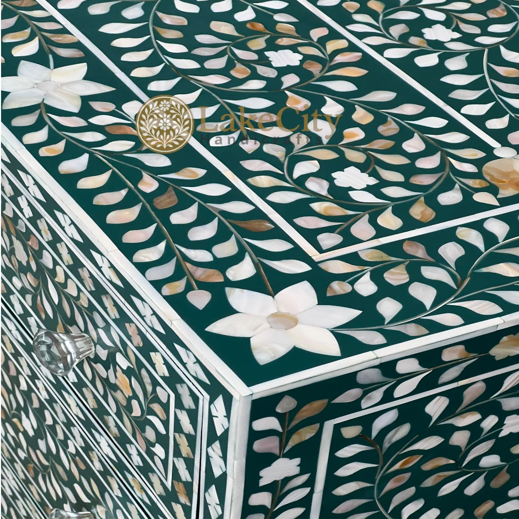 Mother Of Pearl Inlay Scroll-vine 6 Drawers Dresser Table Teal Green