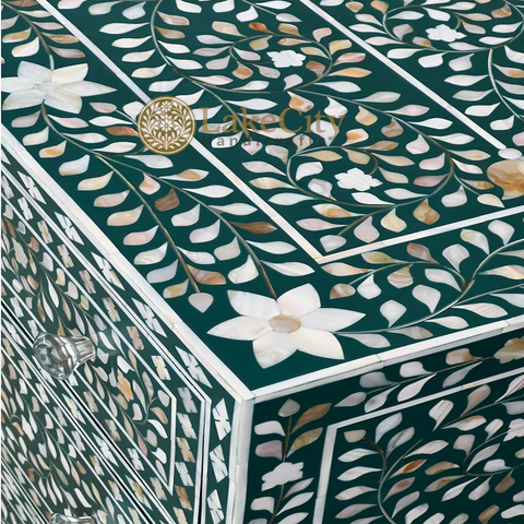 Mother Of Pearl Inlay Scroll-vine 6 Drawers Dresser Table Teal Green