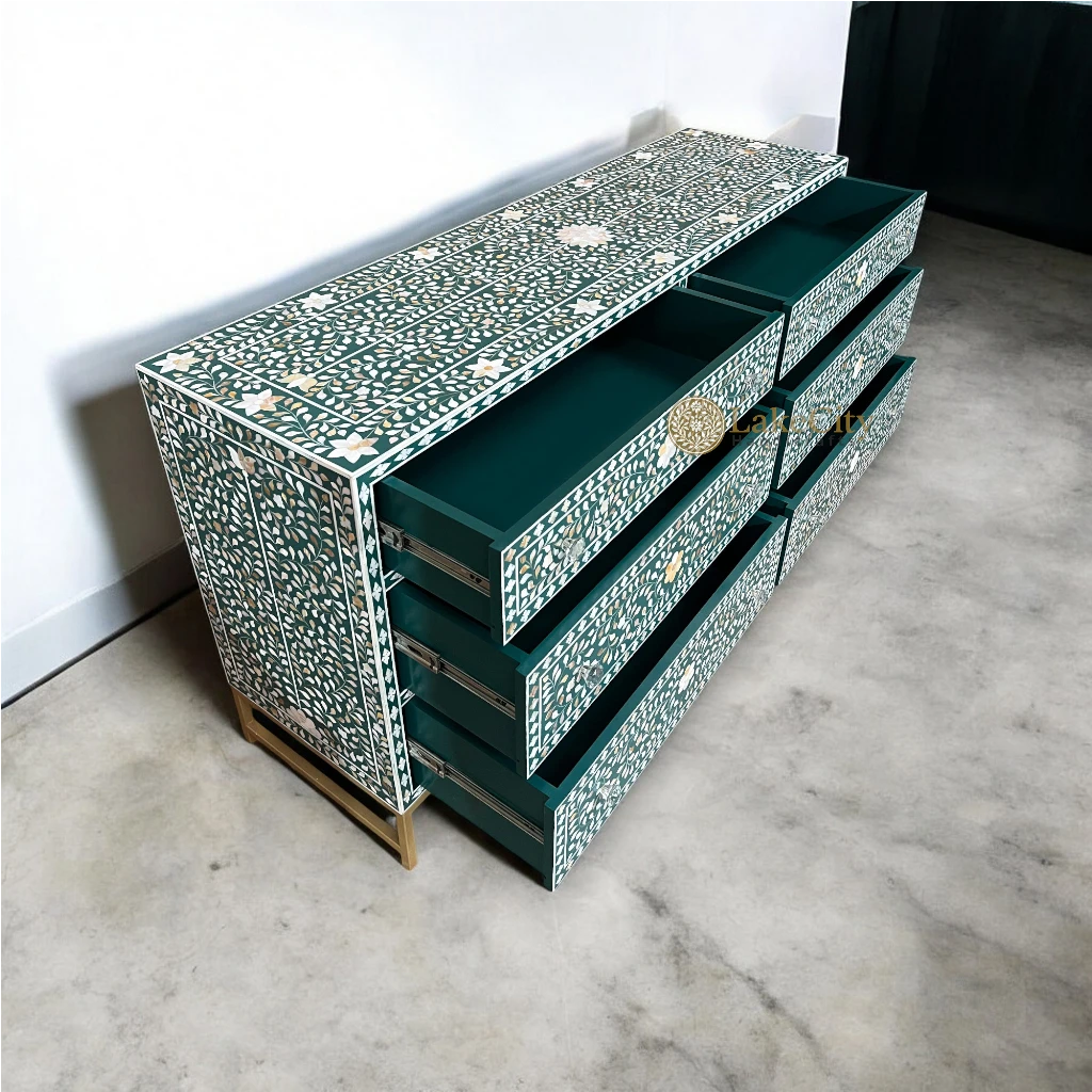 Mother Of Pearl Inlay Scroll-vine 6 Drawers Dresser Table Teal Green