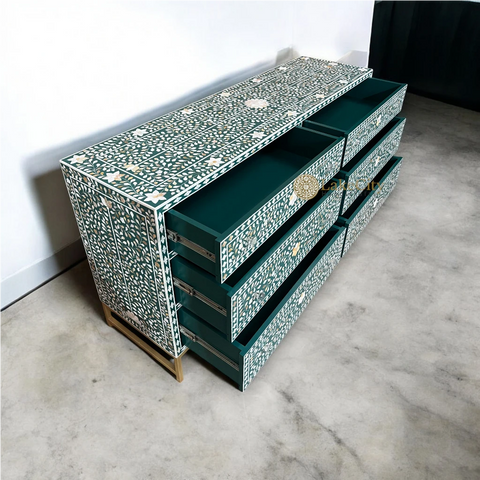 Mother Of Pearl Inlay Scroll-vine 6 Drawers Dresser Table Teal Green