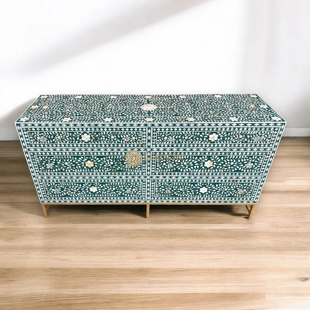 Mother Of Pearl Inlay Scroll-vine 6 Drawers Dresser Table Teal Green