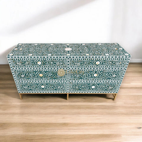 Mother Of Pearl Inlay Scroll-vine 6 Drawers Dresser Table Teal Green