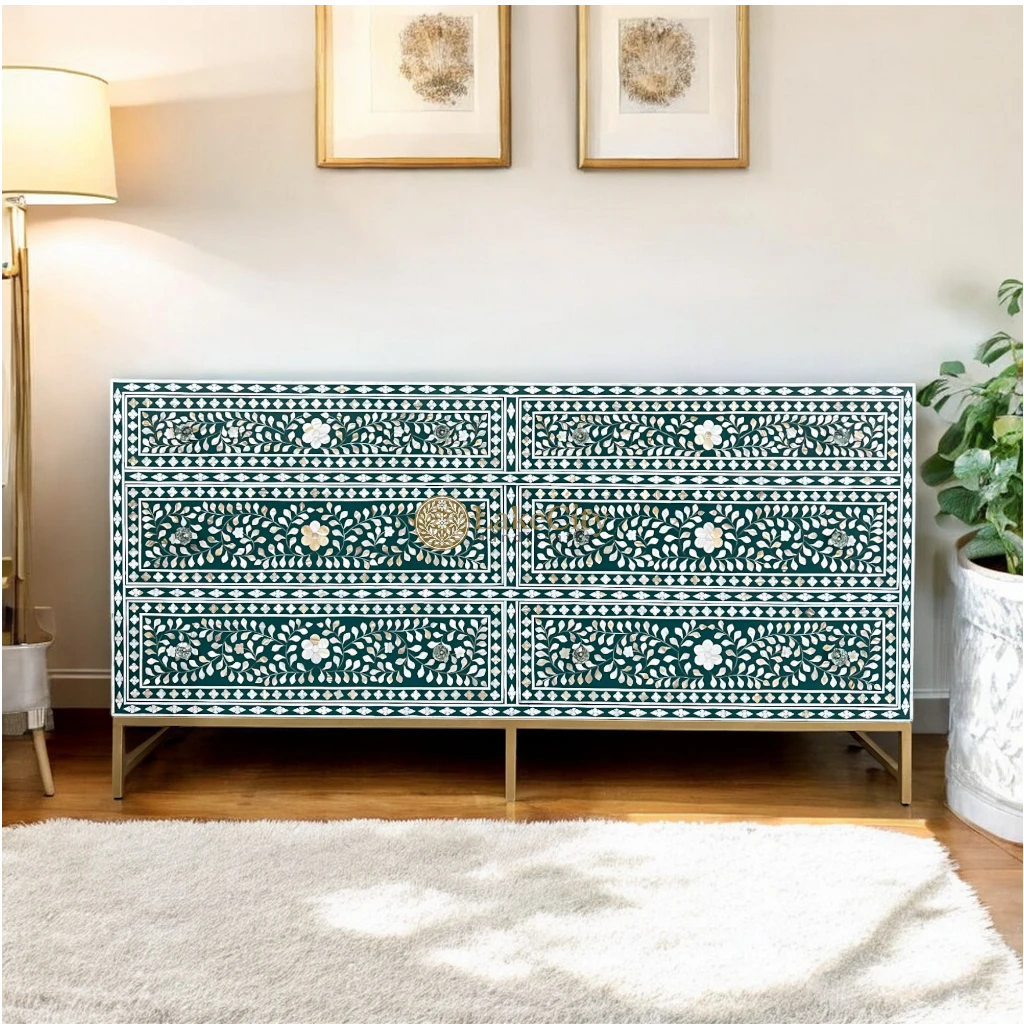 Mother Of Pearl Inlay Scroll-vine 6 Drawers Dresser Table Teal Green