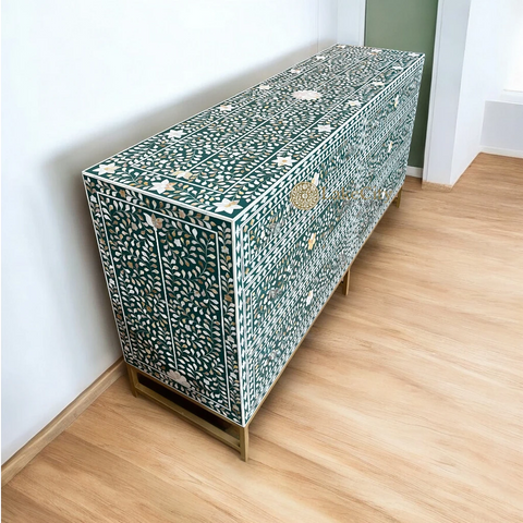 Mother Of Pearl Inlay Scroll-vine 6 Drawers Dresser Table Teal Green