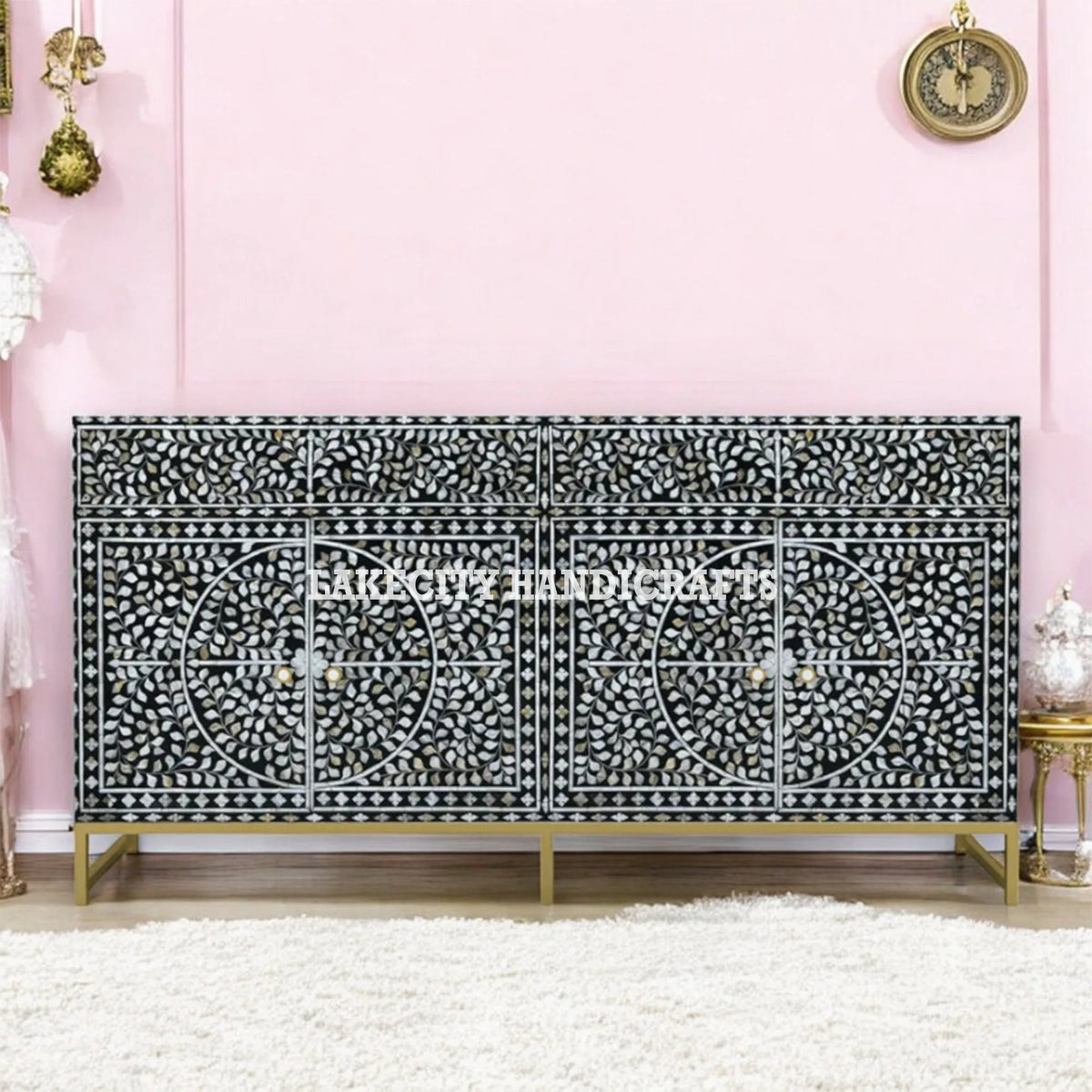 Mother Of Pearl Inlay Scroll-vine Design 2 Drawers & 4 Doors Buffet Table Black