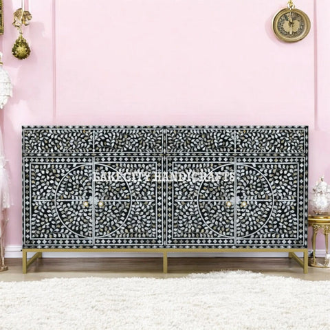 Mother Of Pearl Inlay Scroll-vine Design 2 Drawers & 4 Doors Buffet Table Black