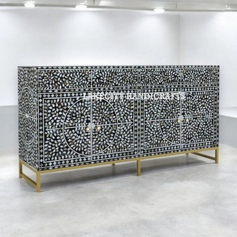 Mother Of Pearl Inlay Scroll-vine Design 2 Drawers & 4 Doors Buffet Table Black