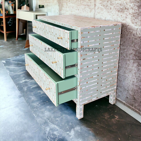 Mother Of Pearl Inlay Dot and Brass Inlay 3 Drawers Chest Light Green