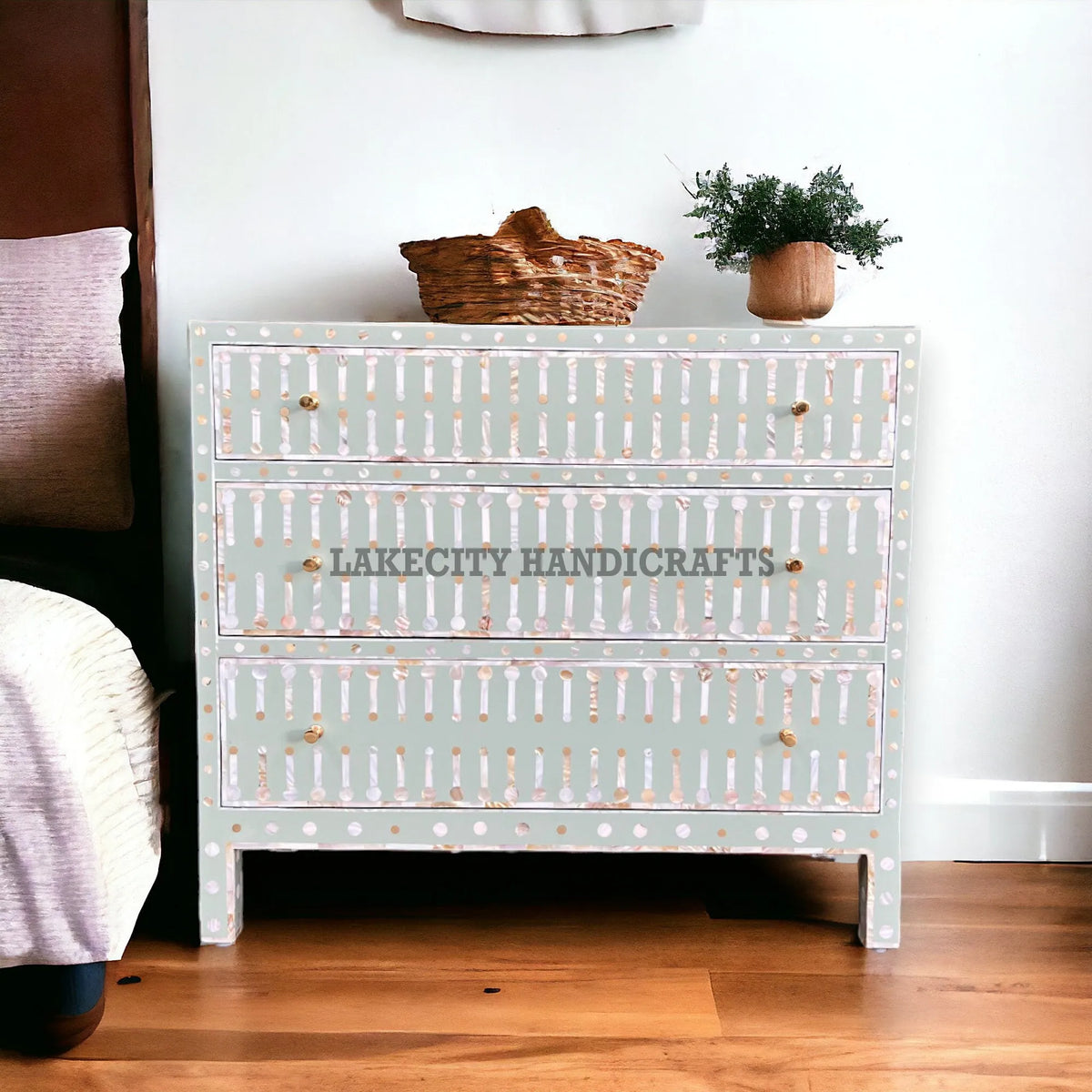 Mother Of Pearl Inlay Dot and Brass Inlay 3 Drawers Chest Light Green