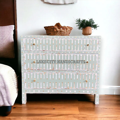 Mother Of Pearl Inlay Dot and Brass Inlay 3 Drawers Chest Light Green