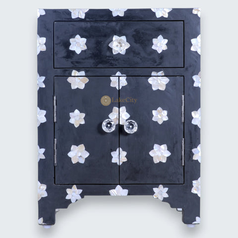 Mother Of Pearl Star 1 Drawer 2 Door Bedside Table Black