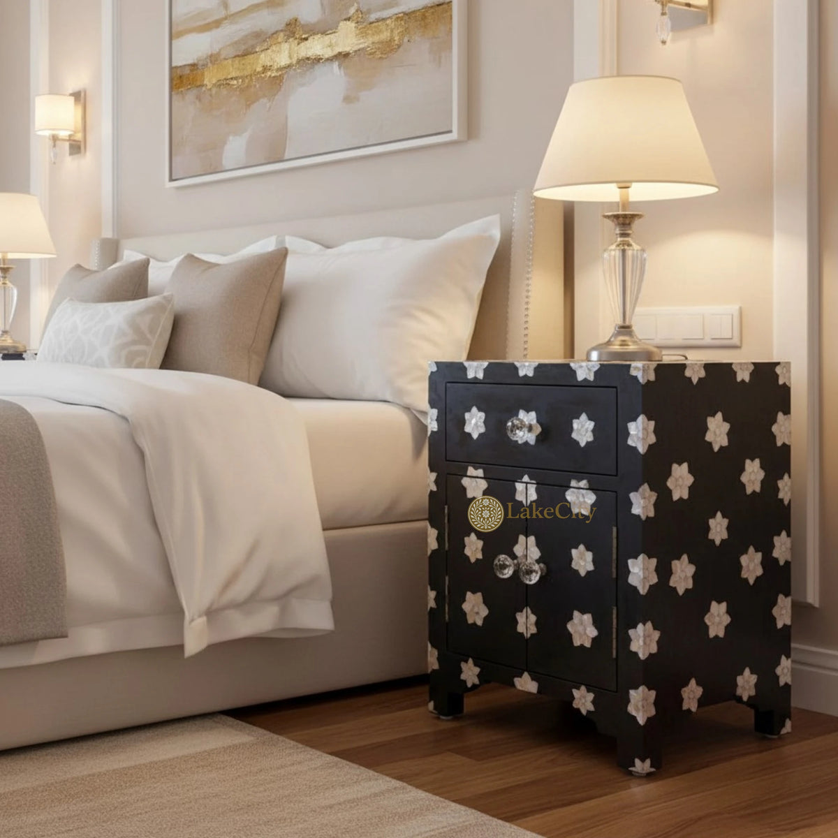 Mother Of Pearl Star 1 Drawer 2 Door Bedside Table Black
