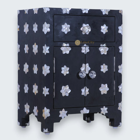 Mother Of Pearl Star 1 Drawer 2 Door Bedside Table Black