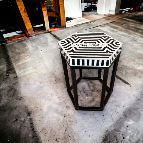 Bone Inlay Hexagonal Stripe Side Table Black