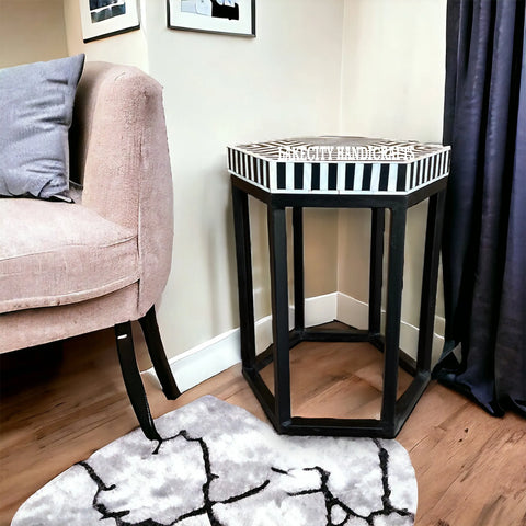 Mother Of Pearl Inlay Hexagonal Stripe Side Table Black