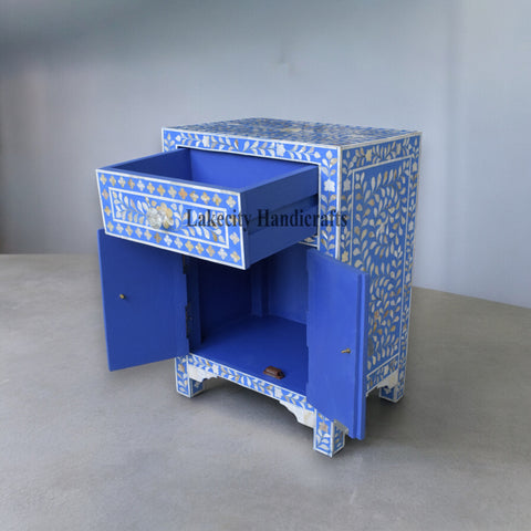 Mesita de noche MOP Floral con 1 cajón y 2 puertas, color azul