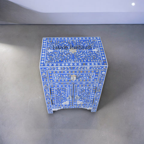 Mesita de noche MOP Floral con 1 cajón y 2 puertas, color azul