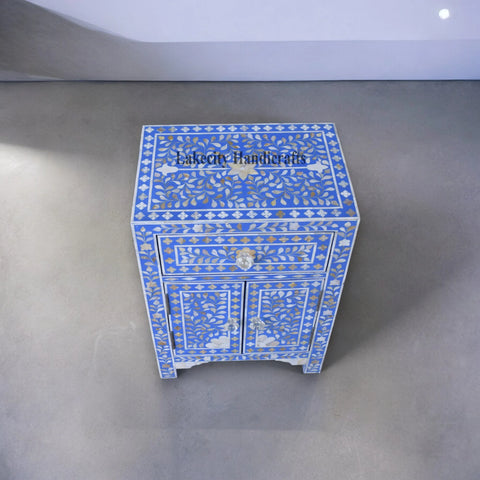 Mother Of Pearl Floral 1 Drawer & 2 Doors Bedside Table Blue