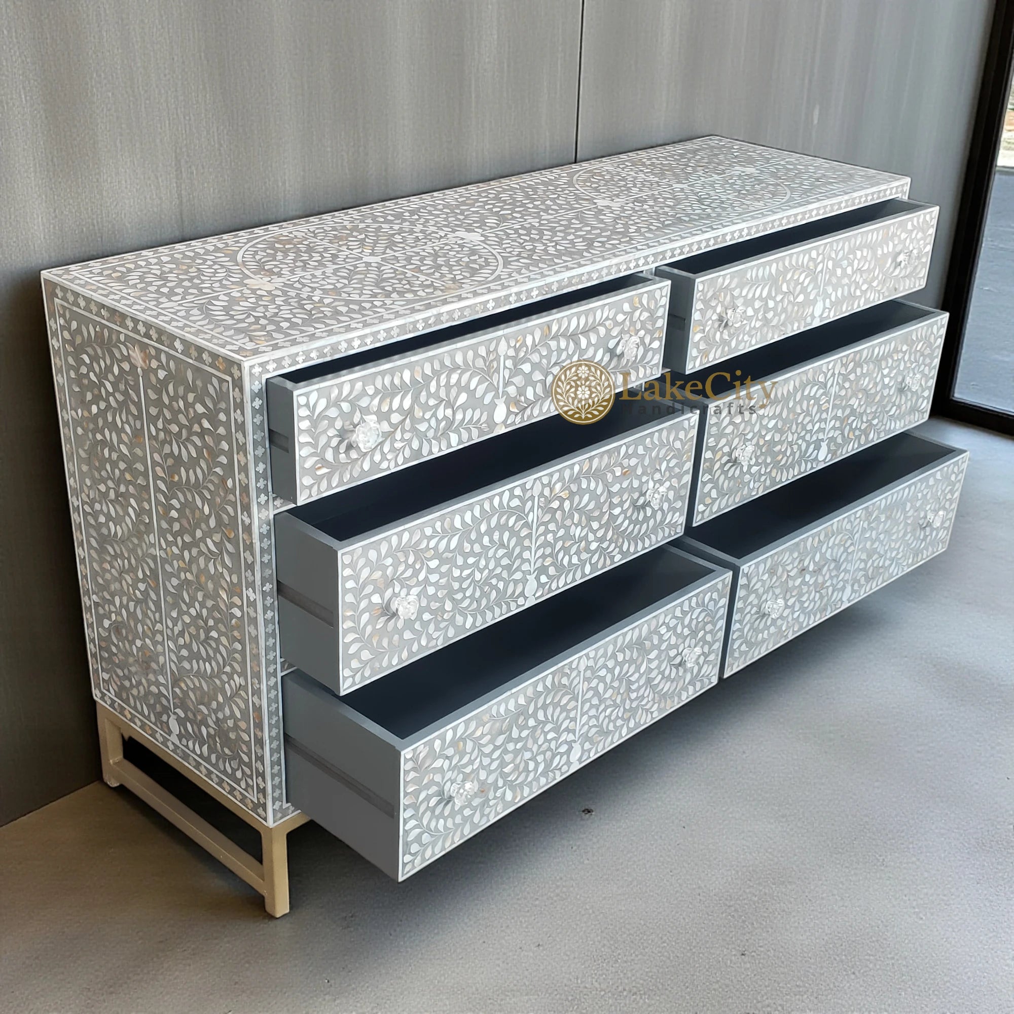 Mother Of Pearl Inlay Scroll-vine Design 6 Drawers Dresser Dove Grey Lakecity Handicrafts Mother Of Pearl Inlay Scroll-vine Design 6 Drawers Dresser Dove Grey Lakecity Handicrafts