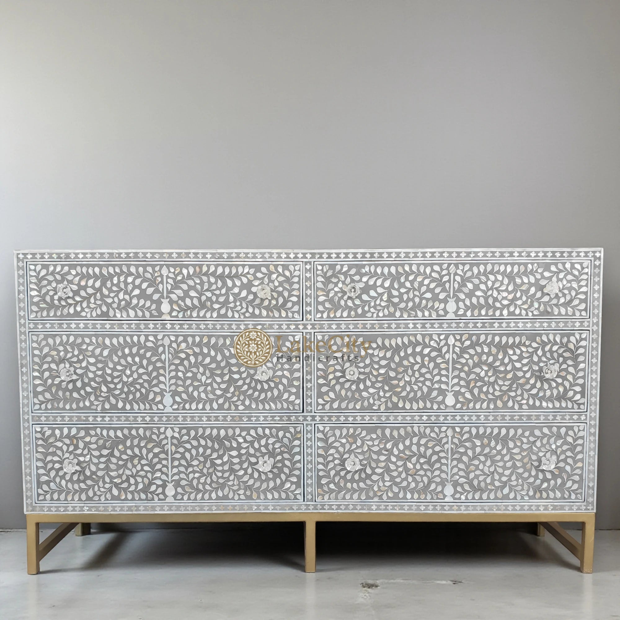 Mother Of Pearl Inlay Scroll-vine Design 6 Drawers Dresser Dove Grey