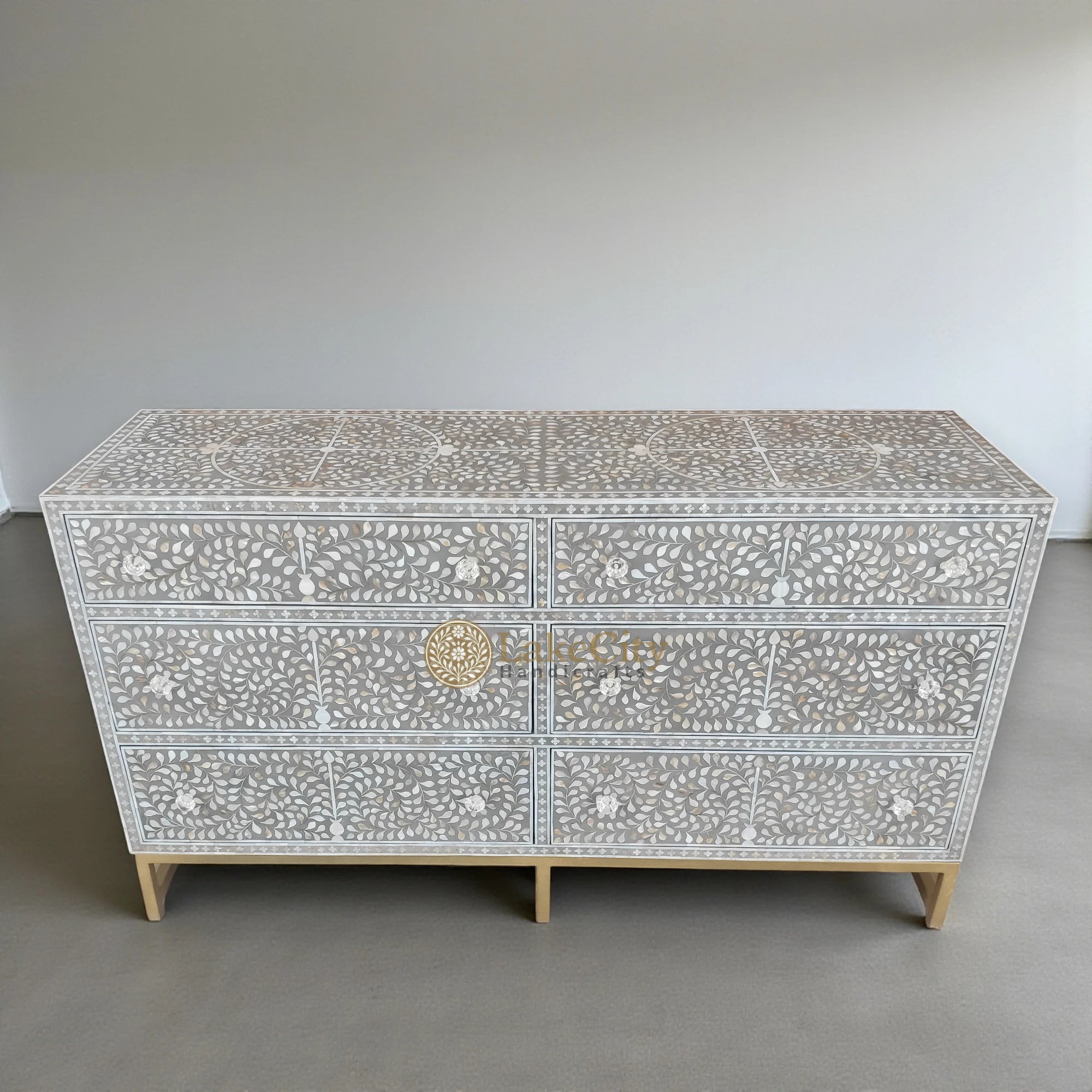 Mother Of Pearl Inlay Scroll-vine Design 6 Drawers Dresser Dove Grey