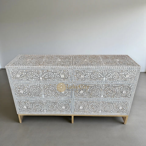 Mother Of Pearl Inlay Scroll-vine Design 6 Drawers Dresser Dove Grey