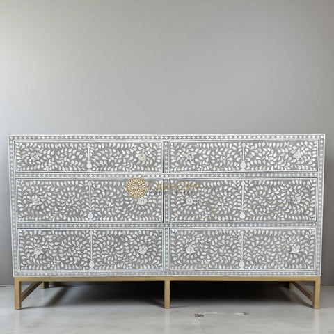Mother Of Pearl Inlay Scroll-vine Design 6 Drawers Dresser Dove Grey
