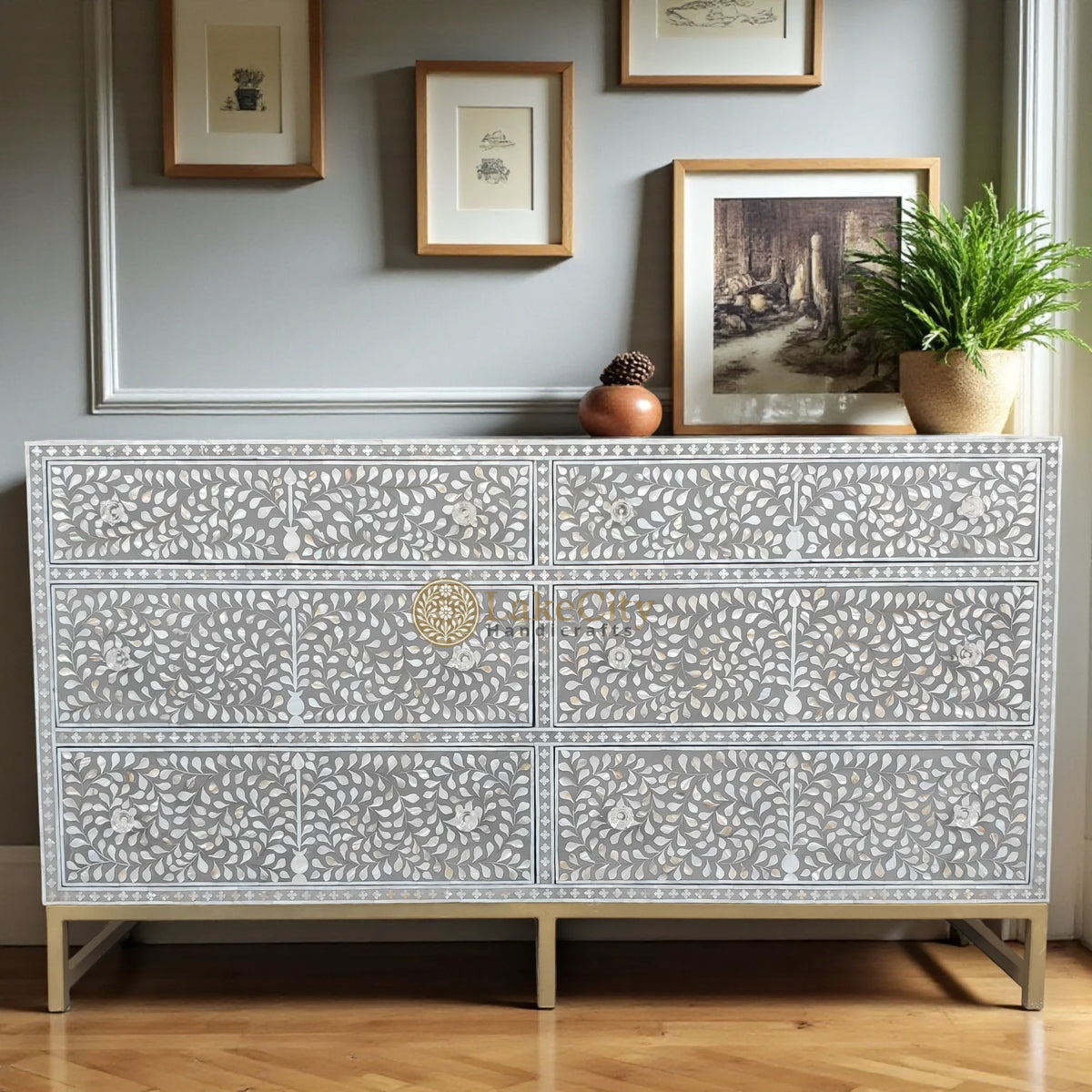Mother Of Pearl Inlay Scroll-vine Design 6 Drawers Dresser Dove Grey