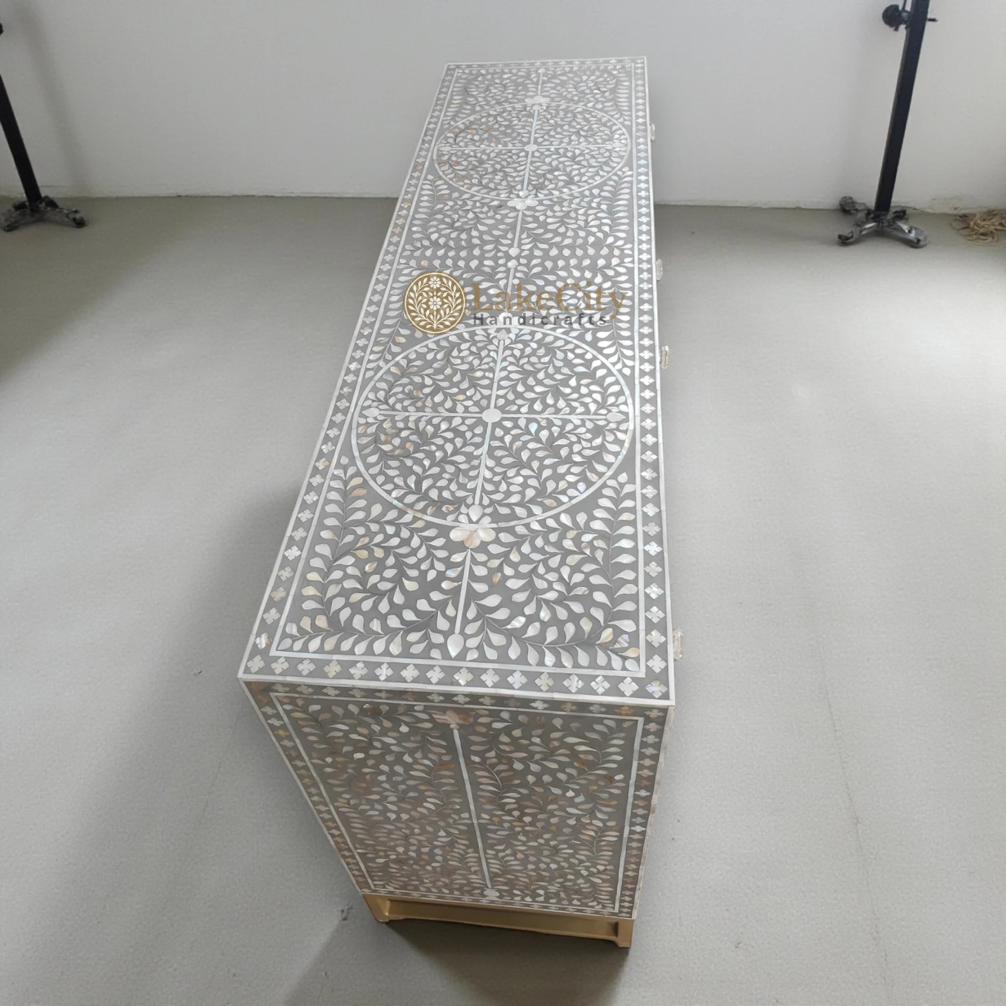 Mother Of Pearl Inlay Scroll-vine Design 6 Drawers Dresser Dove Grey
