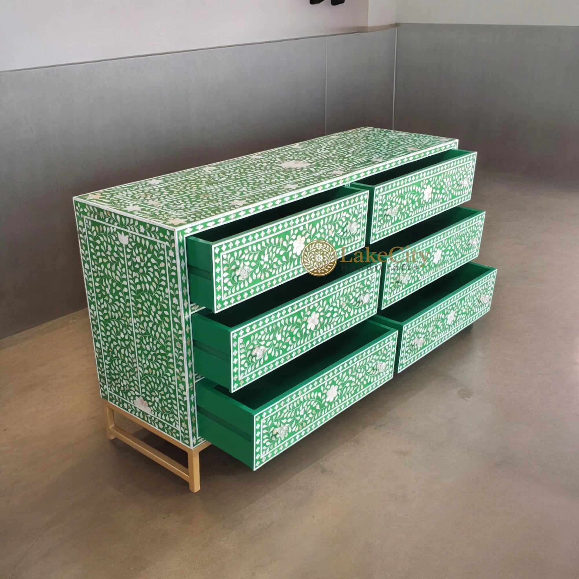 Mother Of Pearl Inlay Scroll-vine Design 6 Drawers Dresser Table Green