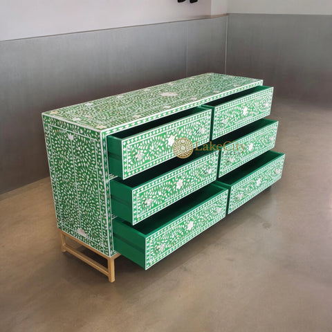 Mother Of Pearl Inlay Scroll-vine Design 6 Drawers Dresser Table Green
