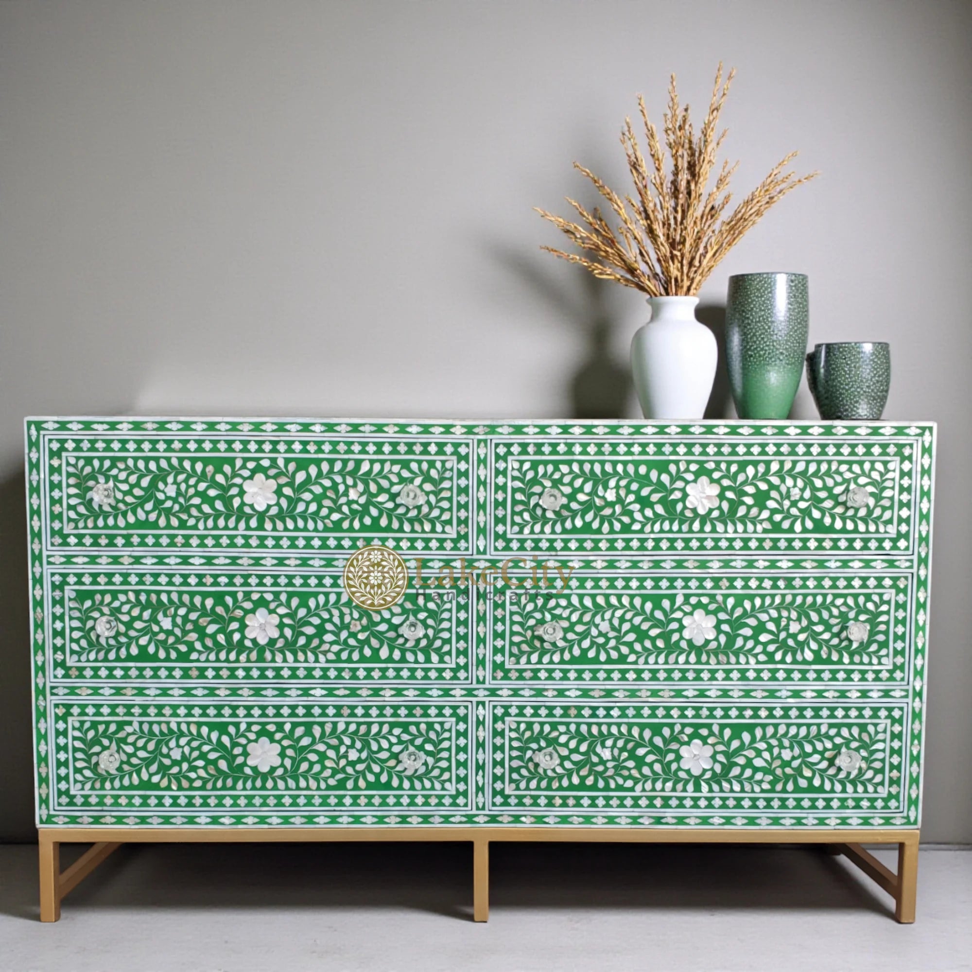 Mother Of Pearl Inlay Scroll-vine Design 6 Drawers Dresser Table Green