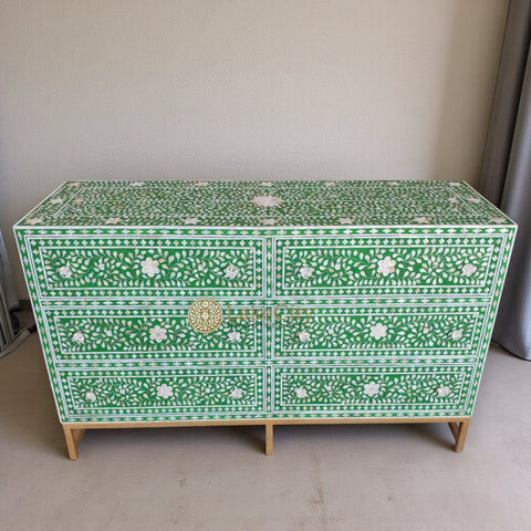 Mother Of Pearl Inlay Scroll-vine Design 6 Drawers Dresser Table Green