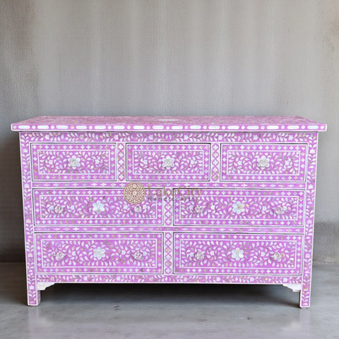 Commode 7 tiroirs à motif floral incrusté de nacre blanche