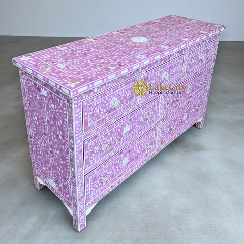 Commode 7 tiroirs à motif floral incrusté de nacre blanche