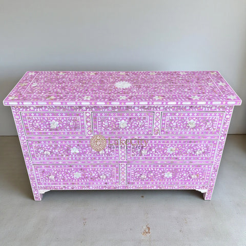 Commode 7 tiroirs à motif floral incrusté de nacre blanche