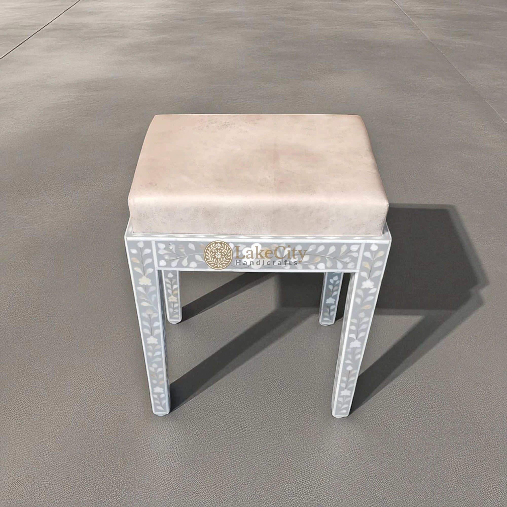 Mother Of Pearl Inlay Floral Design Vanity Stool White