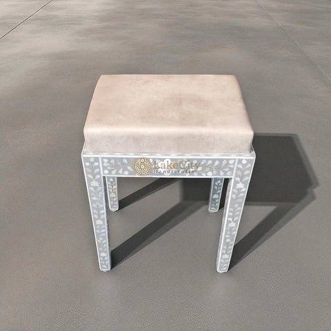 Mother Of Pearl Inlay Floral Design Vanity Stool White