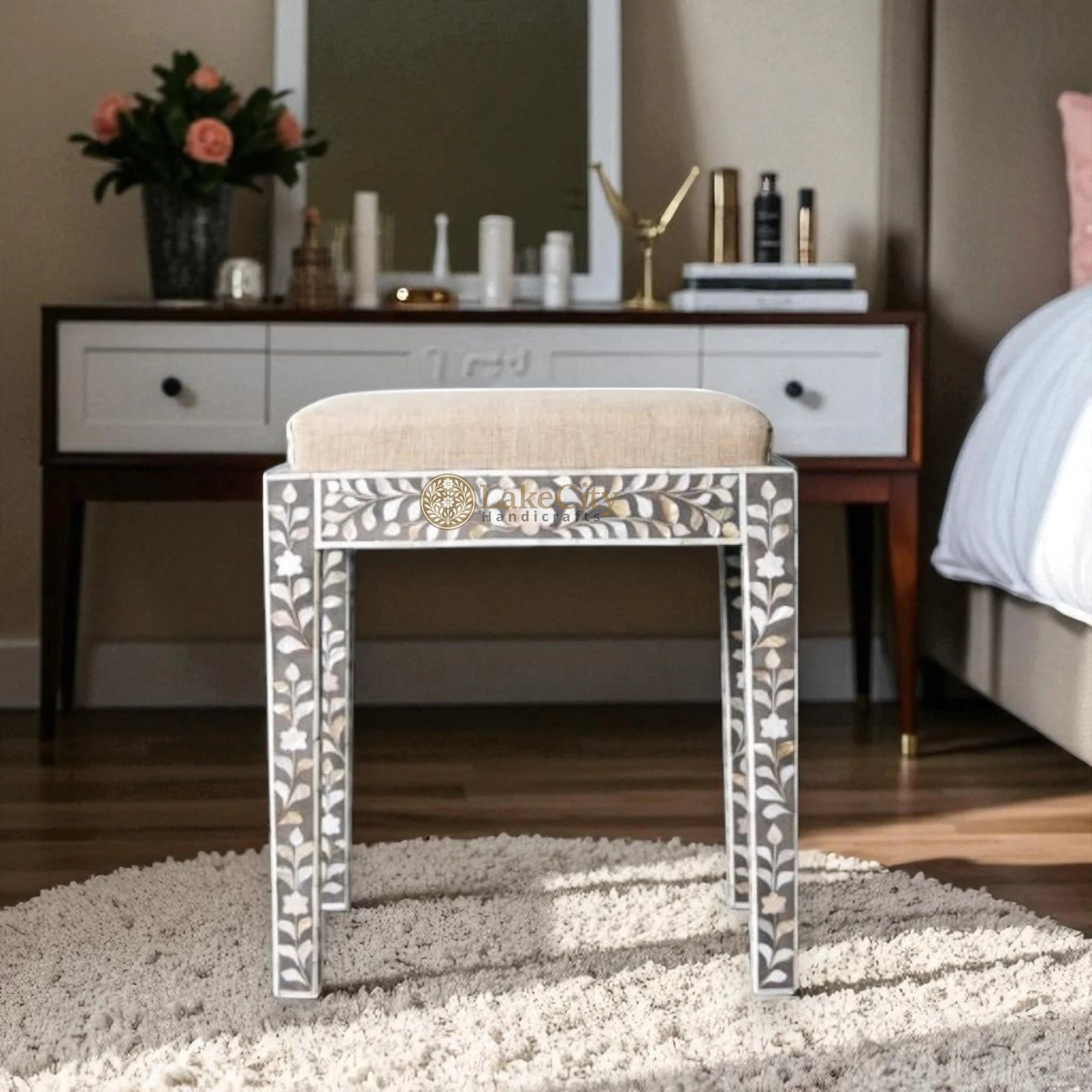 Mother Of Pearl Inlay Floral Design Vanity Stool White