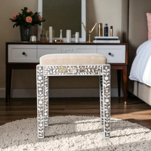 Mother Of Pearl Inlay Floral Design Vanity Stool White