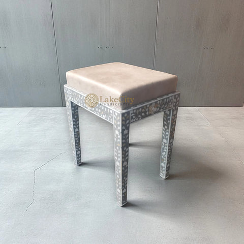Mother Of Pearl Inlay Floral Design Vanity Stool White