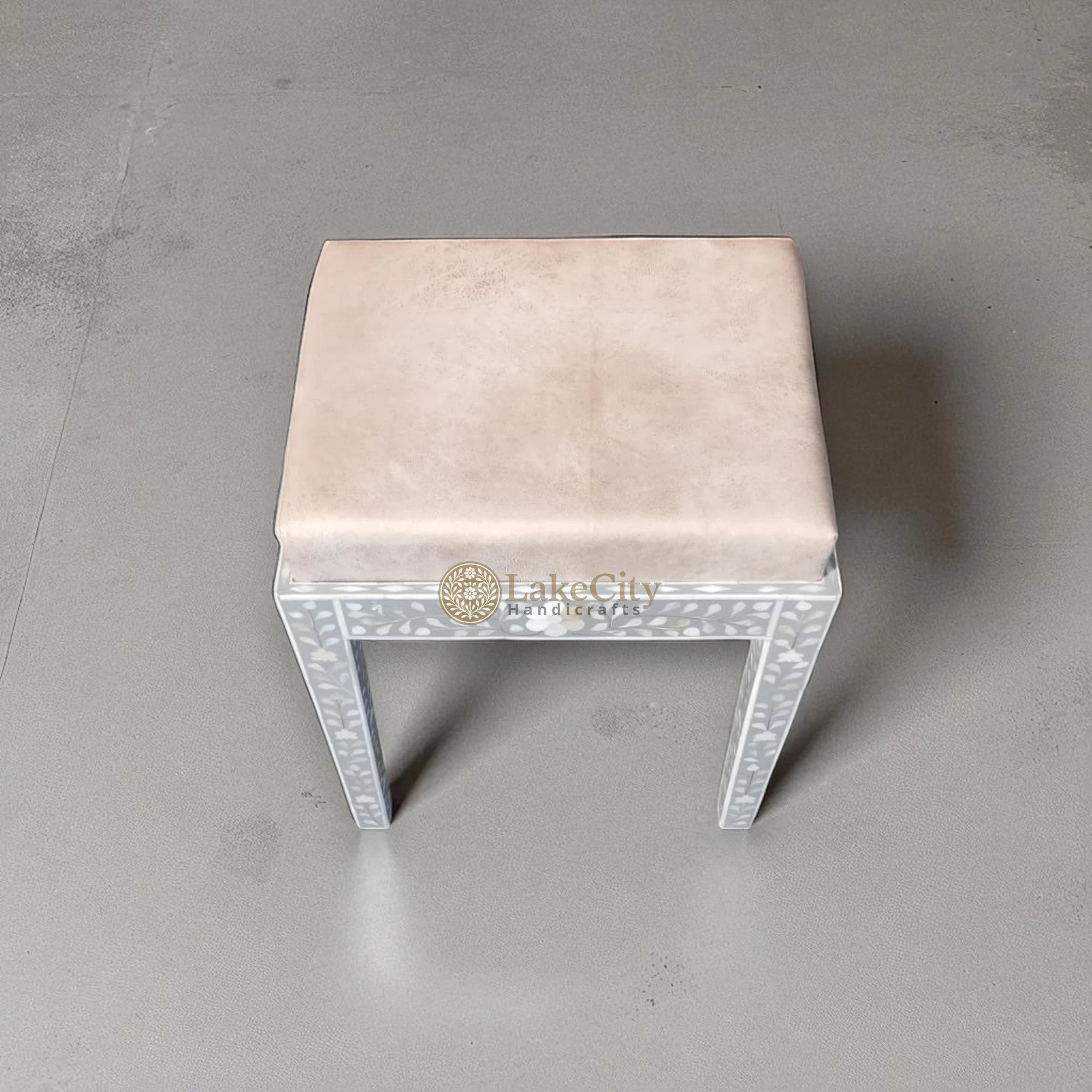 Mother Of Pearl Inlay Floral Design Vanity Stool White