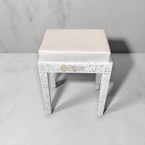 Mother Of Pearl Inlay Floral Design Vanity Stool White