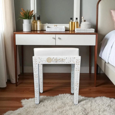 Mother Of Pearl Inlay Floral Design Vanity Stool White