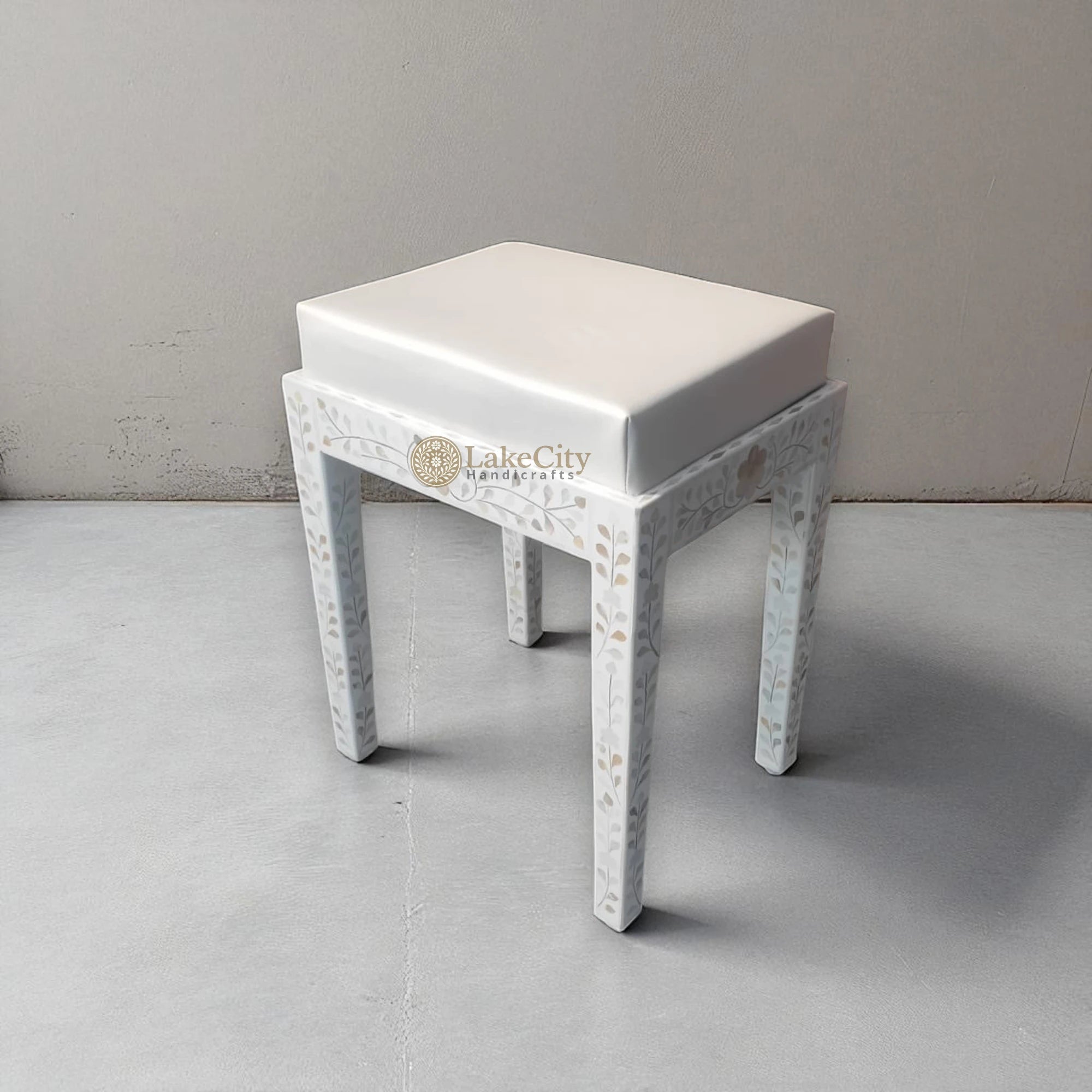 Mother Of Pearl Inlay Floral Design Vanity Stool White