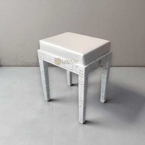 Mother Of Pearl Inlay Floral Design Vanity Stool White