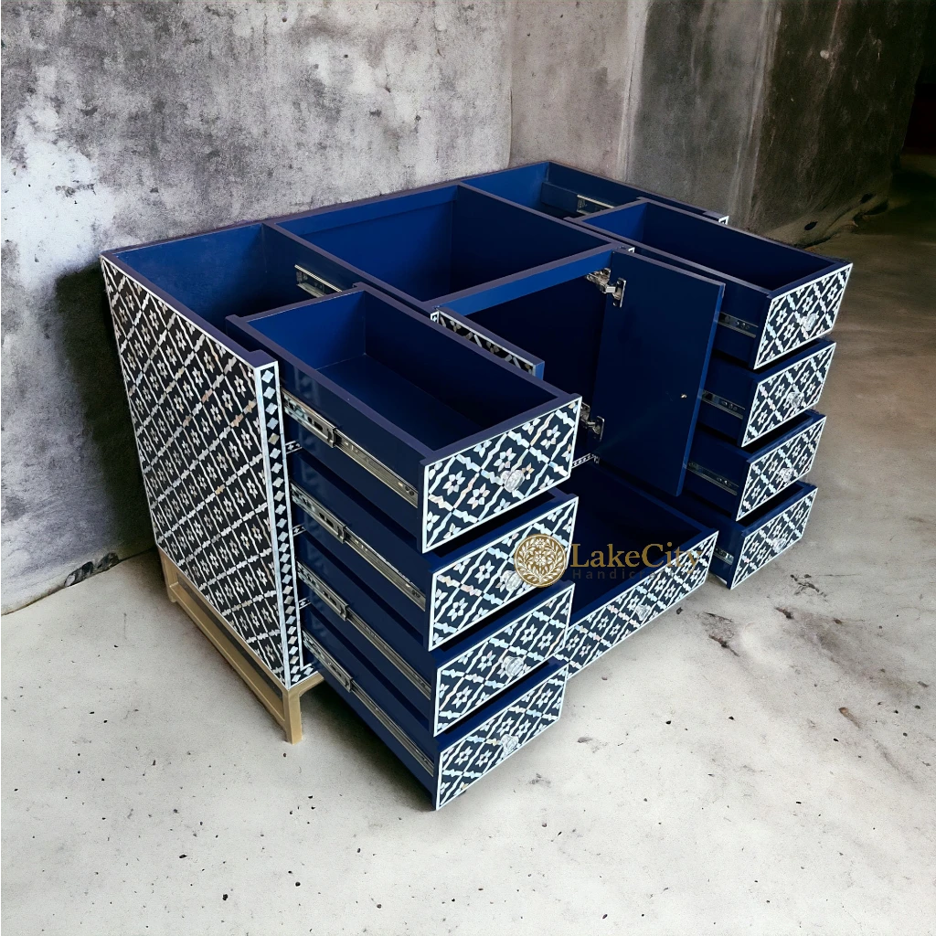 Mother Of Pearl Inlay Arctic Design 9 Drawers & 2 Doors Bathroom Vanity Table Navy Blue